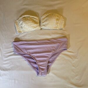 Kona Sol White Textured Bandeau Bikini Top and Lilac High Waisted Swim Bottoms